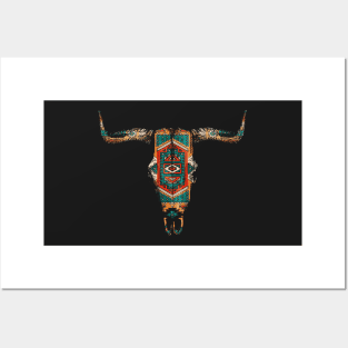 Vintage Aztec Indian Pattern Bull Skull Cowgirl Posters and Art